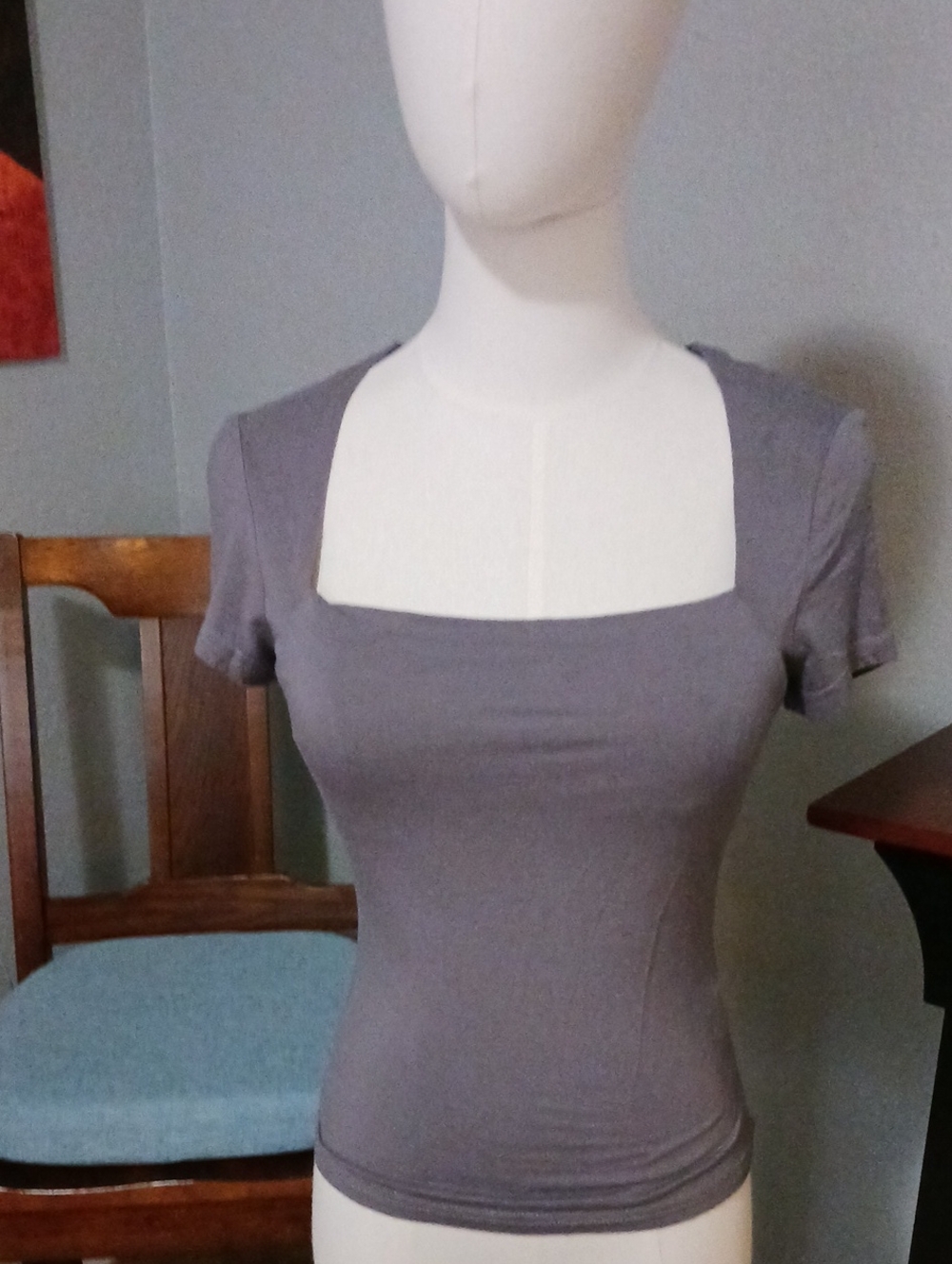 Eileen Fisher Gray Square Neck Short Sleeve Top